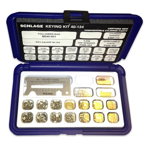 SCHLAGE 715393 pin tumbler keying kit cover showing organized components for quick rekeying.