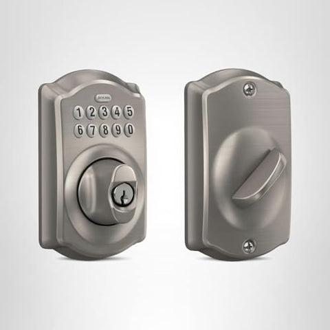 Schlage BE365 Camelot satin nickel finish detail emphasizing durability