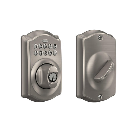 Schlage BE365 Camelot keypad deadbolt front view in satin nickel for secure keyless entry