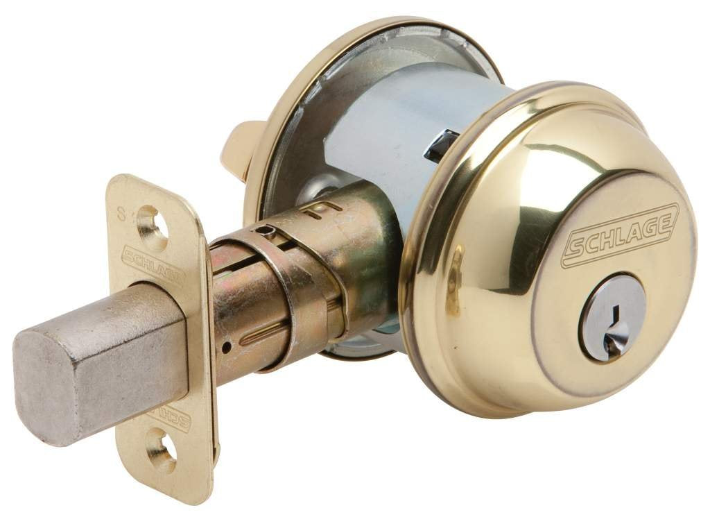 Schlage B60N605 Bright Brass deadbolt with universal backset for secure home entry.