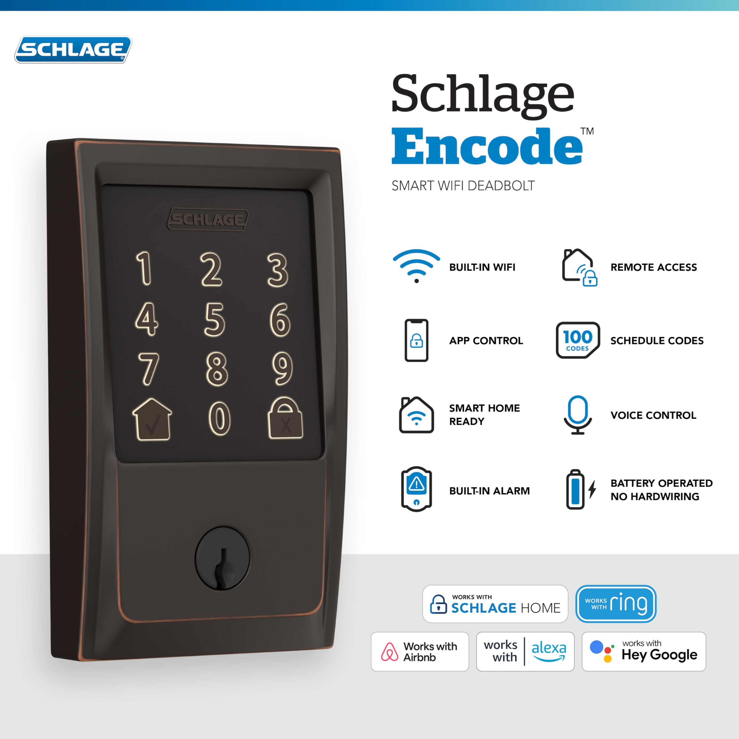 Schlage Encode keypad touchscreen for convenient keyless entry.