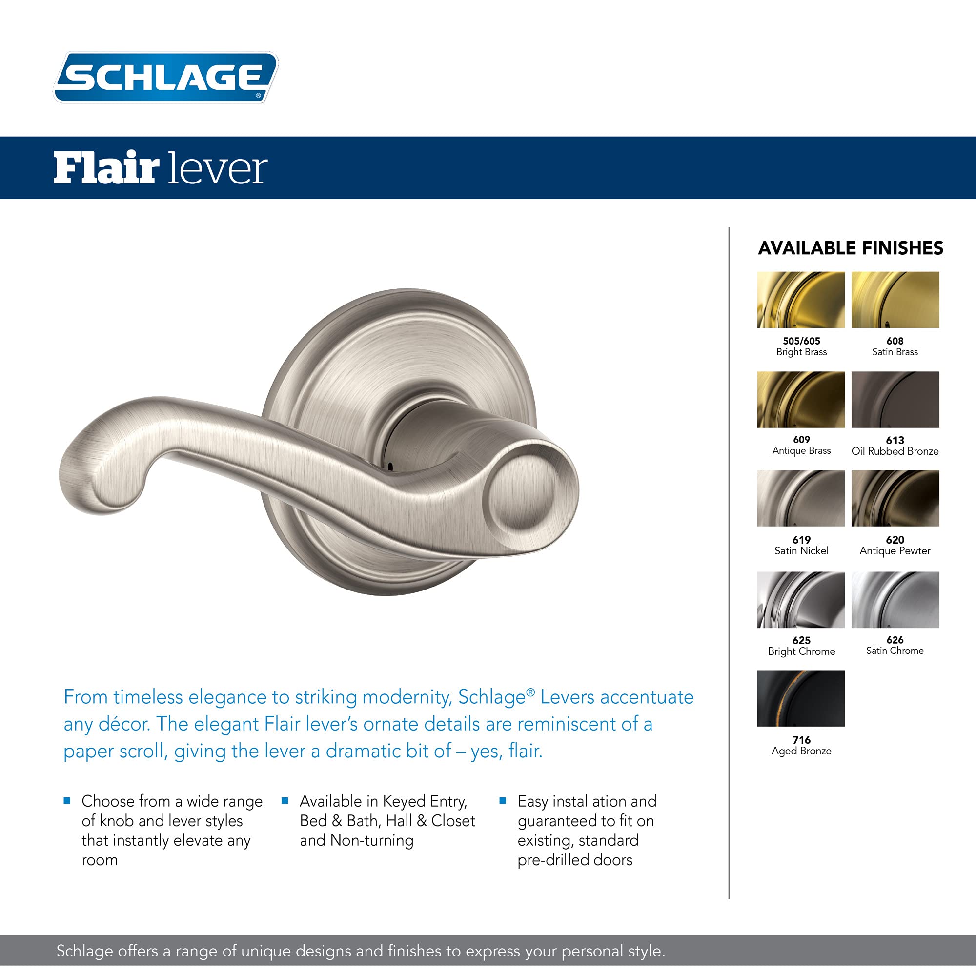 Schlage F40V Flair privacy function with inside button and external pin key.
