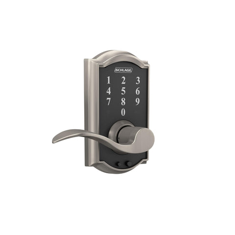 Schlage Camelot satin nickel finish close-up highlights durable hardware for long-lasting use.