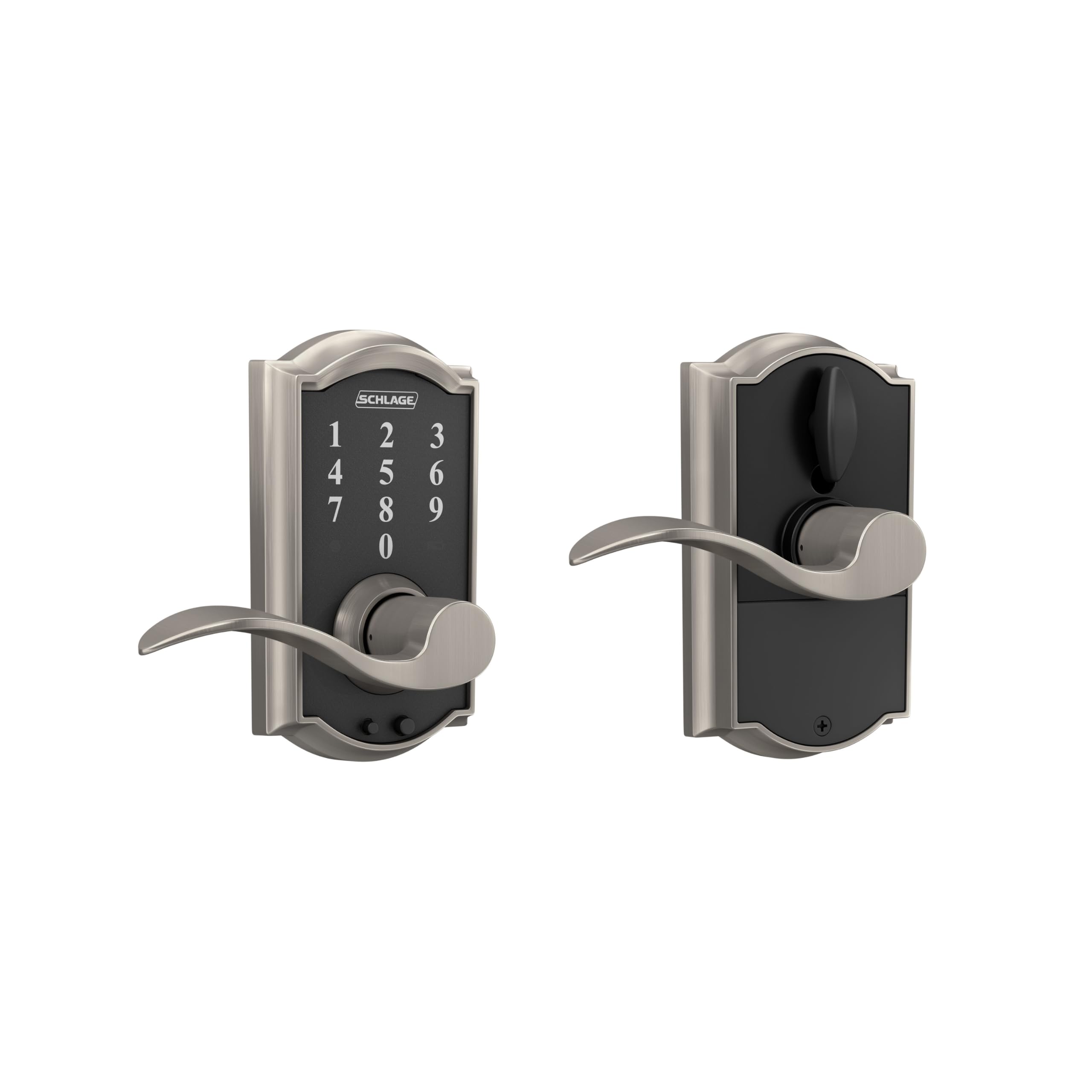 Schlage Touch Camelot front view with satin nickel finish, offering modern security and curb appeal.