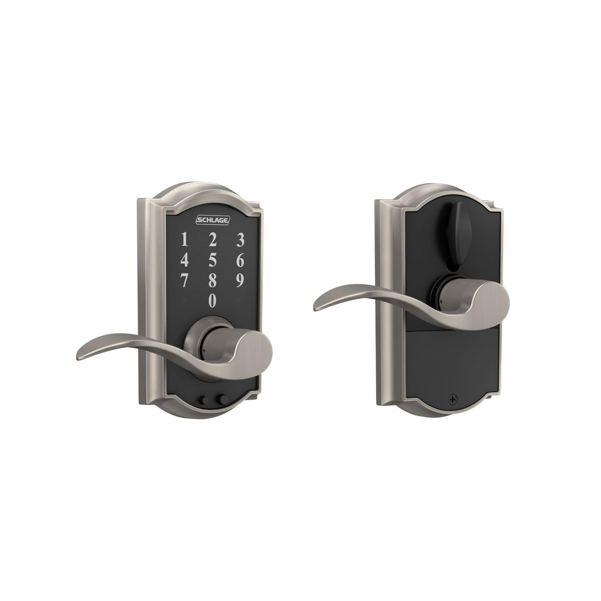 Schlage Touch Camelot front view with satin nickel finish, offering modern security and curb appeal.