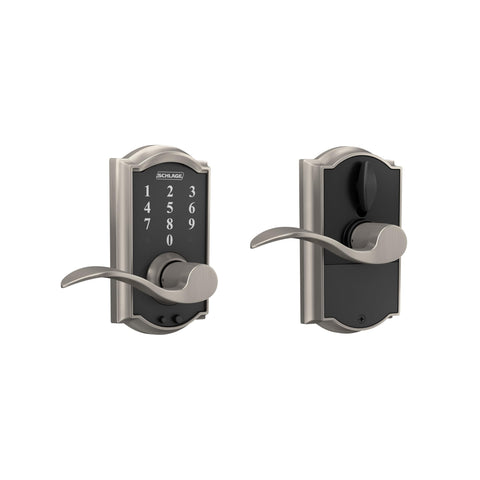 Schlage Touch Camelot front view with satin nickel finish, offering modern security and curb appeal.