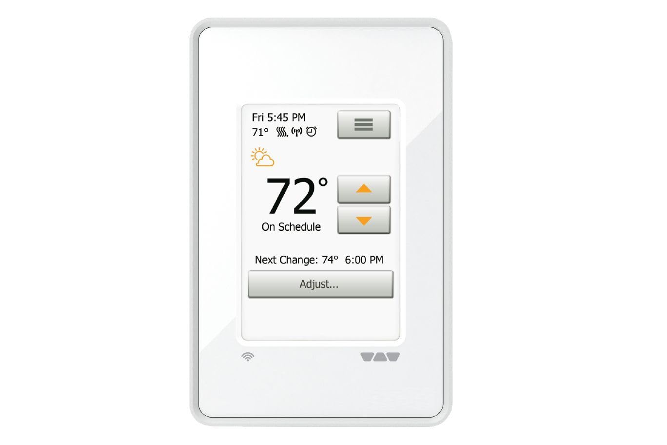 Schluter DITRA-HEAT E-WiFi thermostat front panel with touchscreen control for easy adjustments.