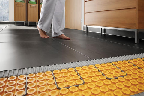 Schluter Ditra-Heat under-tile installation compatible with ceramic, porcelain, and stone.