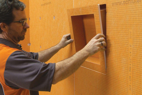 Schluter Kerdi-Board SN niche installed in a shower for organized storage