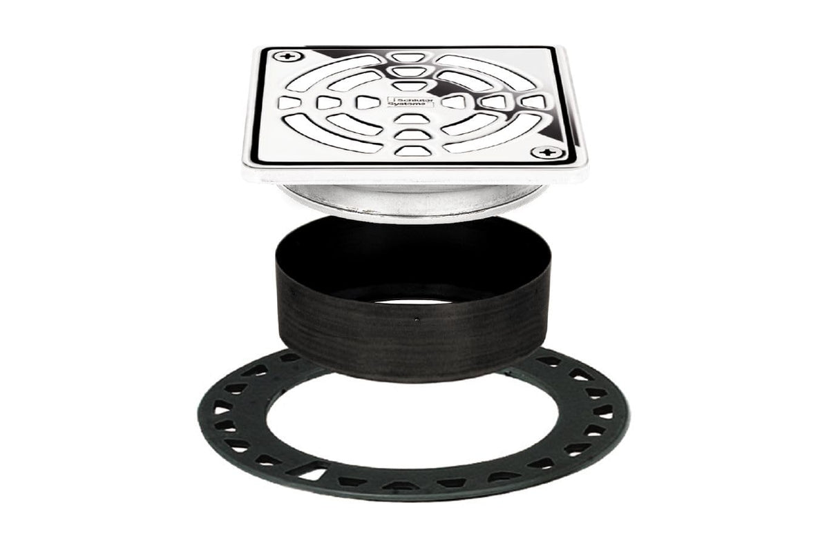 Schluter Kerdi-Drain Classic 4-inch square chrome grate for tile showers; easy maintenance and reliable waterproofing.
