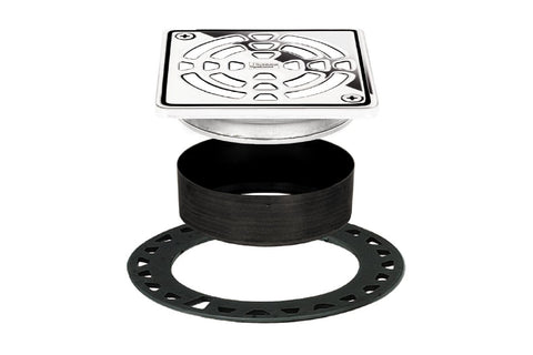 Schluter Kerdi-Drain Classic 4-inch square chrome grate for tile showers; easy maintenance and reliable waterproofing.