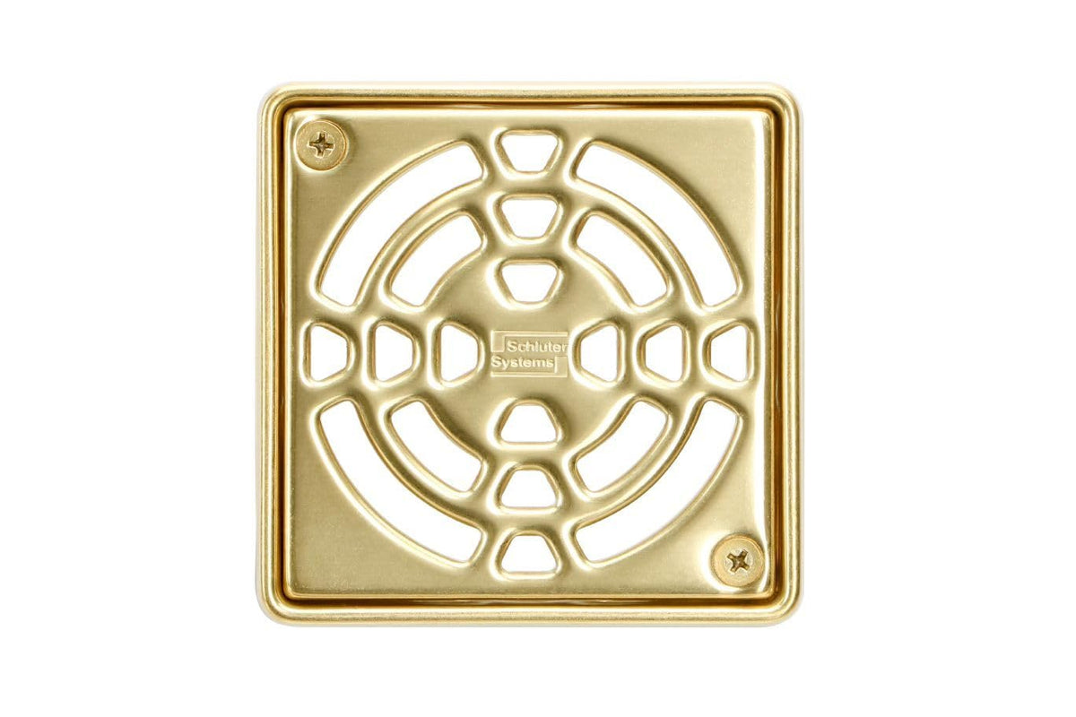 Schluter Kerdi-Drain classic square gold grate 4-inch for reliable waterproofing and easy cleaning.