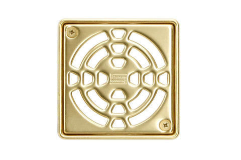 Schluter Kerdi-Drain classic square gold grate 4-inch for reliable waterproofing and easy cleaning.