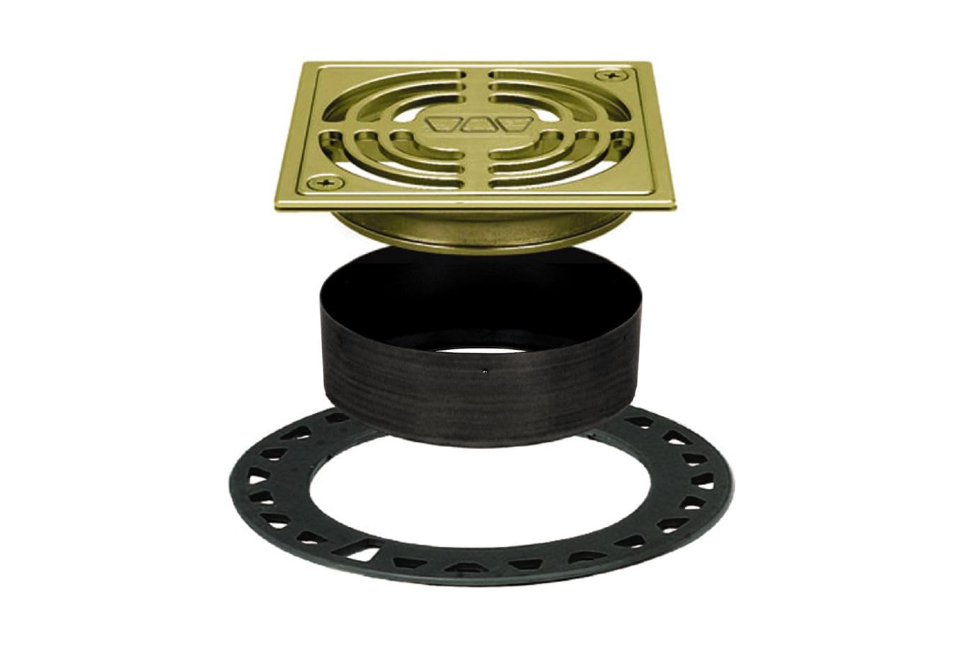 Schluter Kerdi-Drain Contour close-up shows brushed brass finish and bonding flange for tile shower waterproofing.