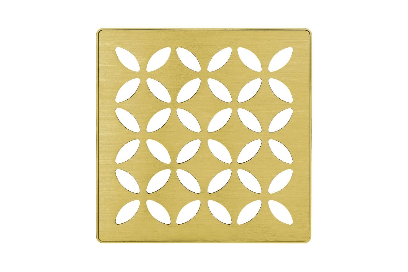 Schluter Kerdi-Drain floral shower grate with brushed gold finish for stylish, durable waterproofing.