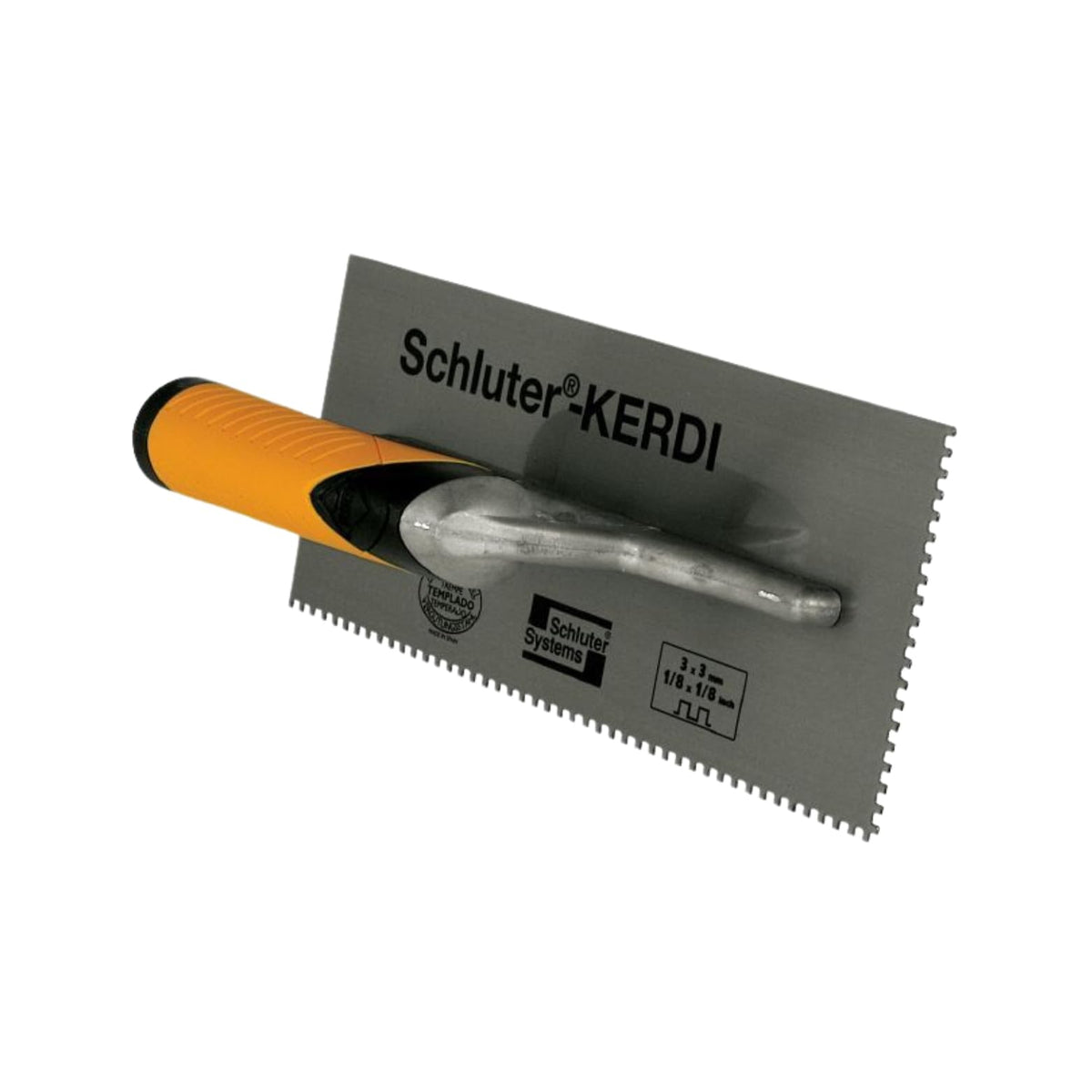 Schluter Kerdi square-notch trowel for precise thin-set application during Kerdi membrane installation.