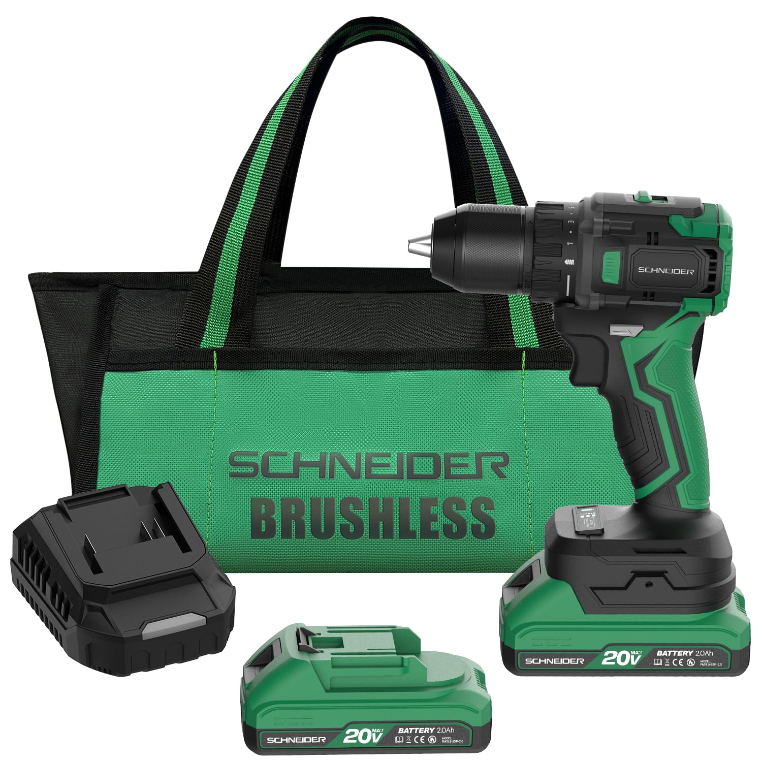 Schneider 20V Max drill with brushless motor, front view for efficient drilling.
