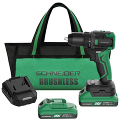 Schneider 20V Max drill with brushless motor, front view for efficient drilling.