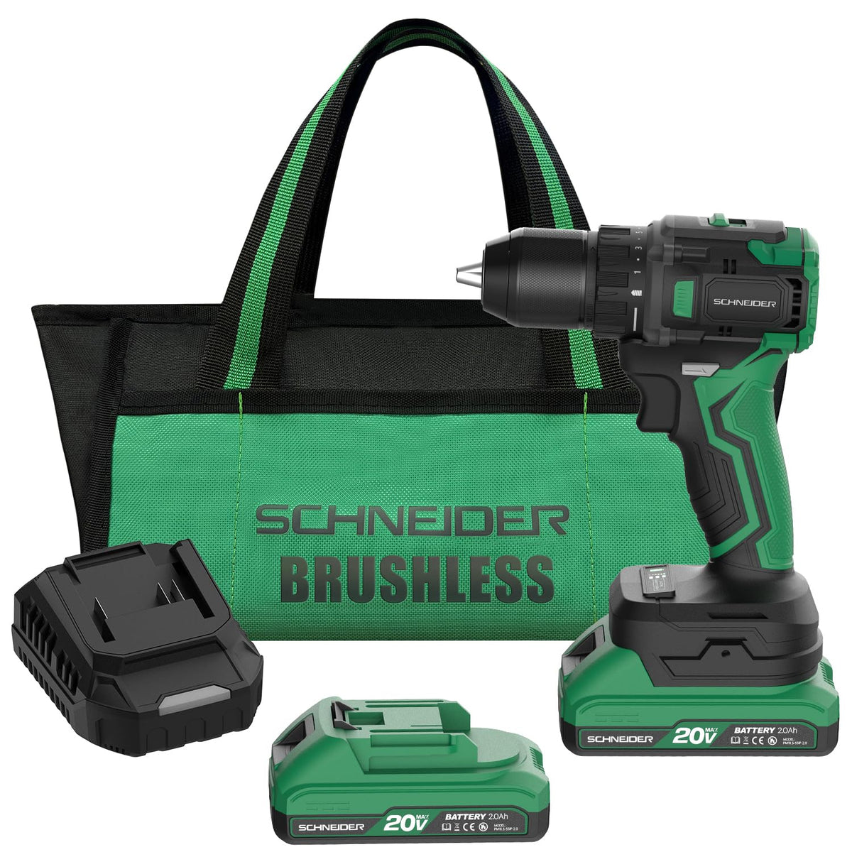 Schneider 20V Max drill with brushless motor, front view for efficient drilling.