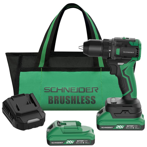 Schneider 20V Max drill with brushless motor, front view for efficient drilling.