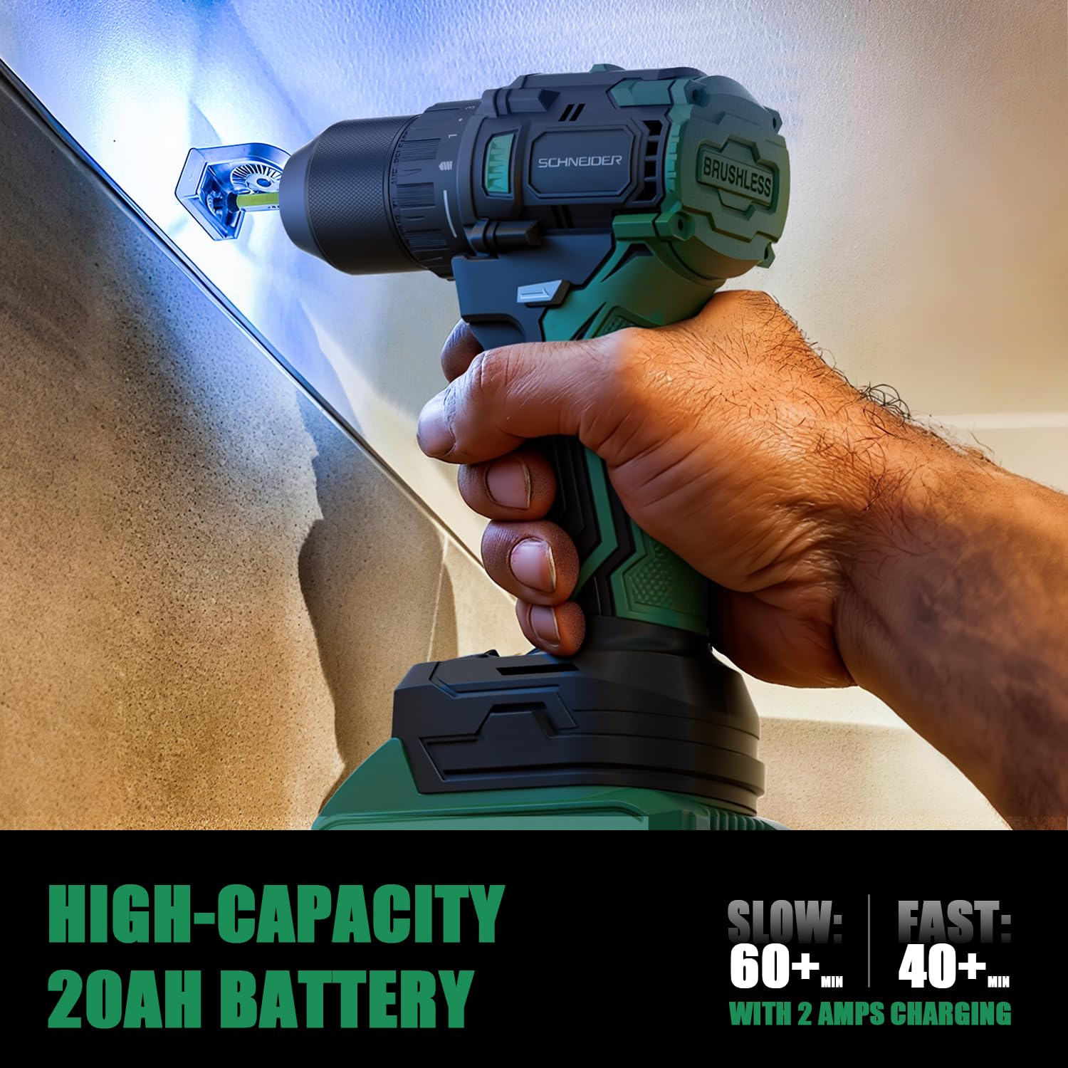 Schneider dual 20V batteries with charger, enabling longer runtime.