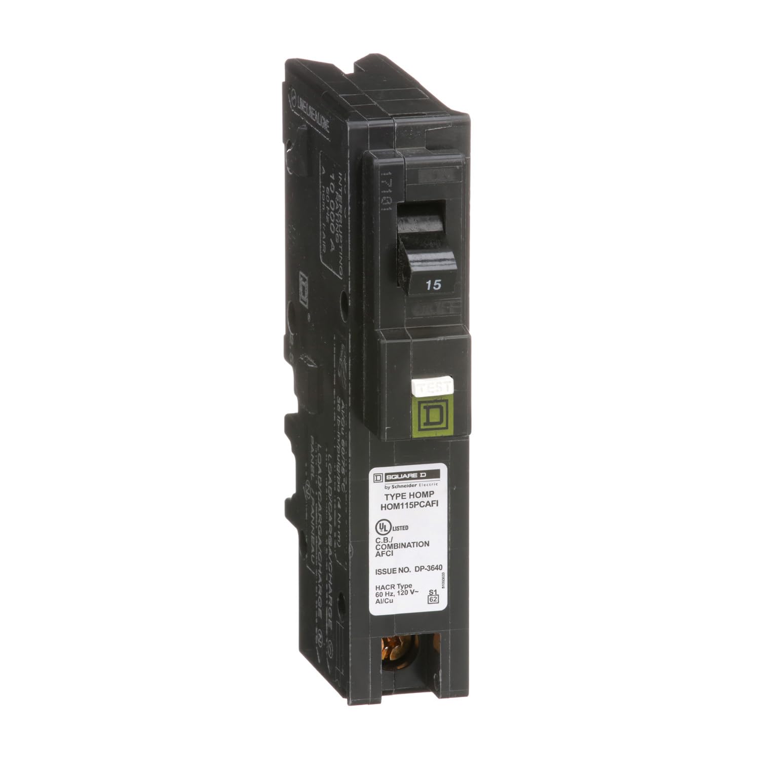 Schneider Electric Homeline 15A CAFCI breaker front view showing compact plug-on-neutral design