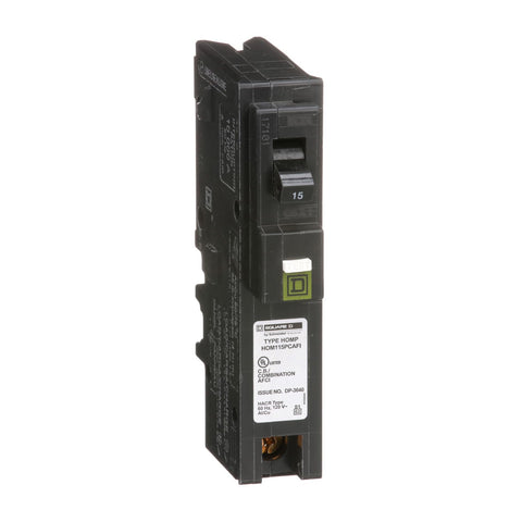 Schneider Electric Homeline 15A CAFCI breaker front view showing compact plug-on-neutral design