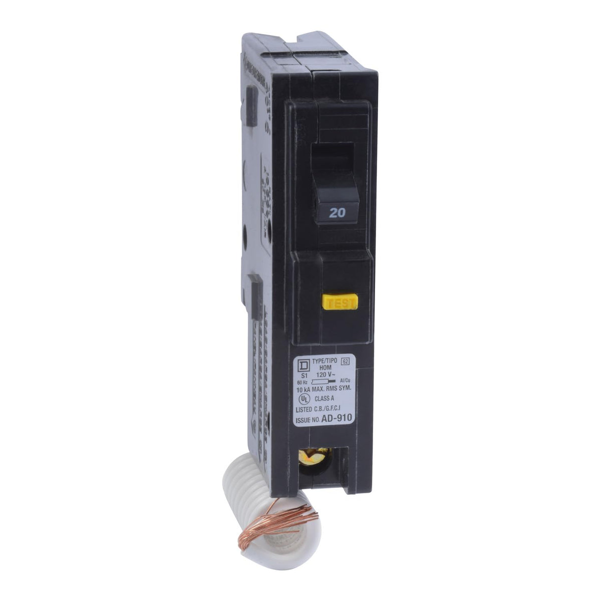 Schneider Electric Homeline 20A GFCI breaker front view for quick residential protection.
