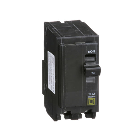 Schneider Electric QO270CP front view shows compact 70A two-pole breaker for protection.