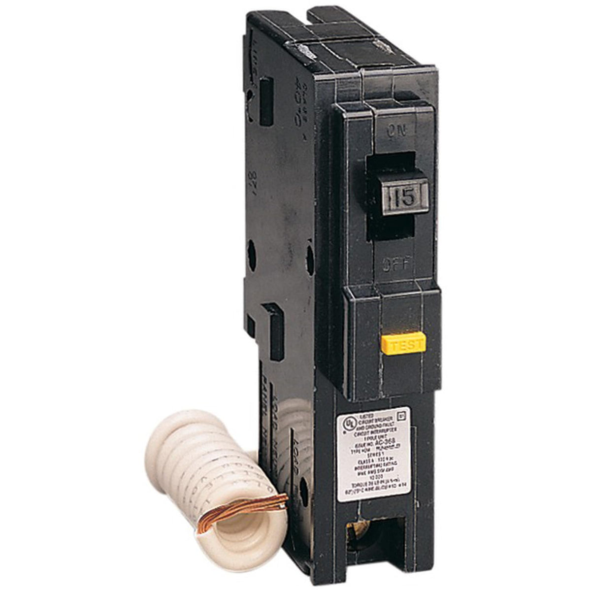 Schneider Electric HOM115GFICP 15A GFCI breaker front view for damp location protection.