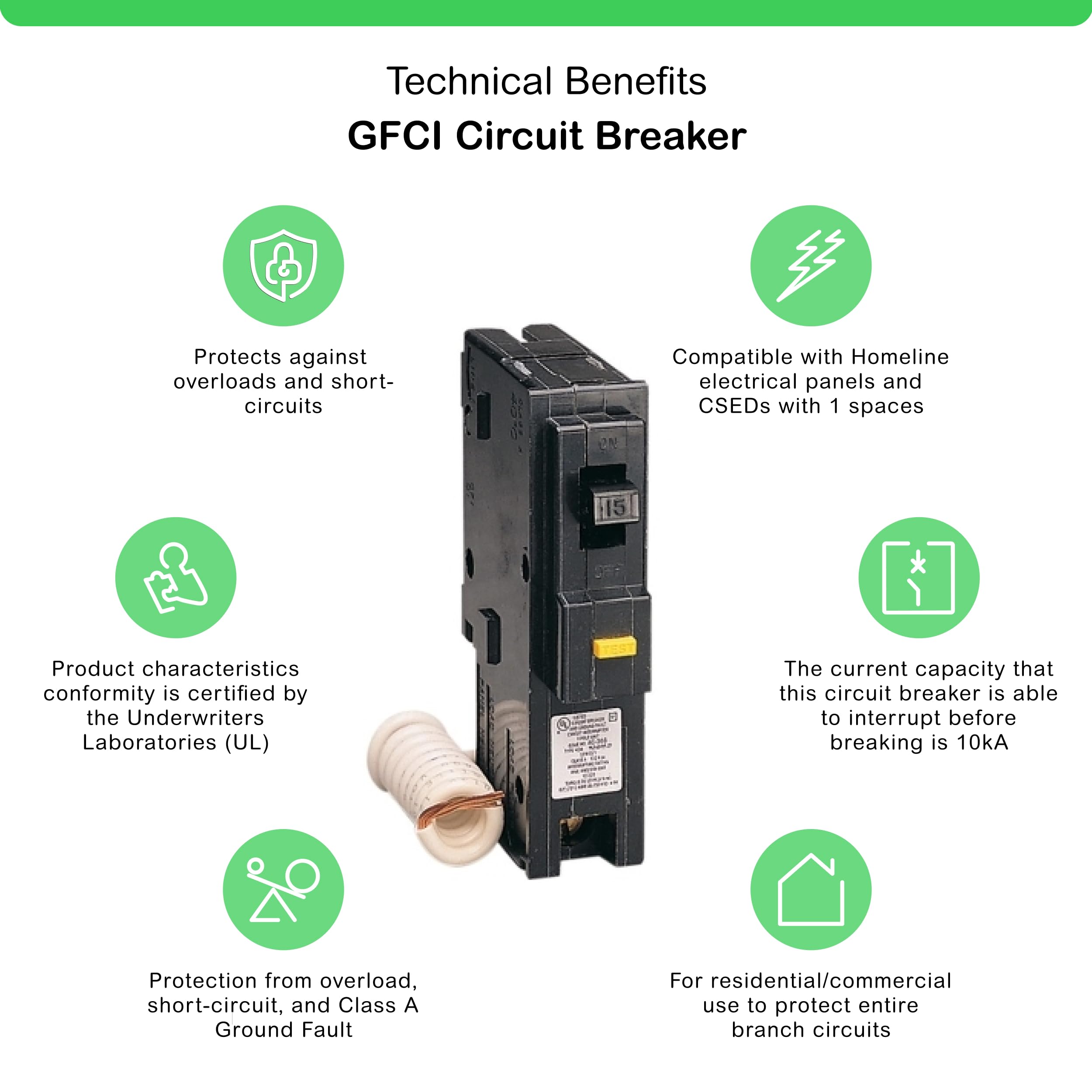 Schneider Electric HOM115GFICP 15A GFCI breaker side view showing install-ready profile.