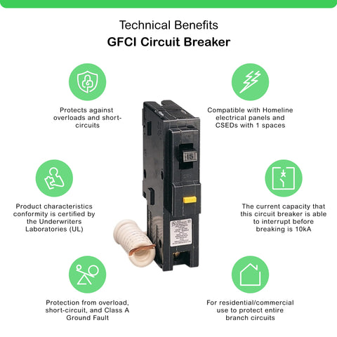 Schneider Electric HOM115GFICP 15A GFCI breaker side view showing install-ready profile.