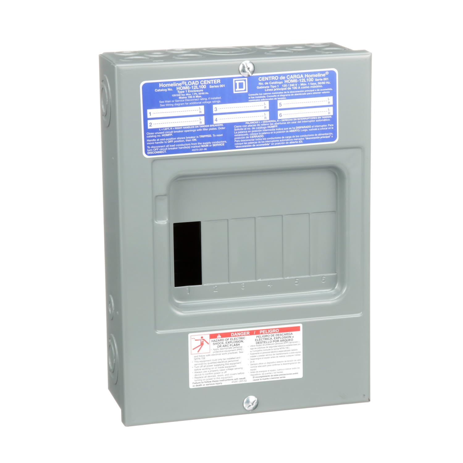 Square D HOM612L100SCP front view with 12 circuits for organized power distribution