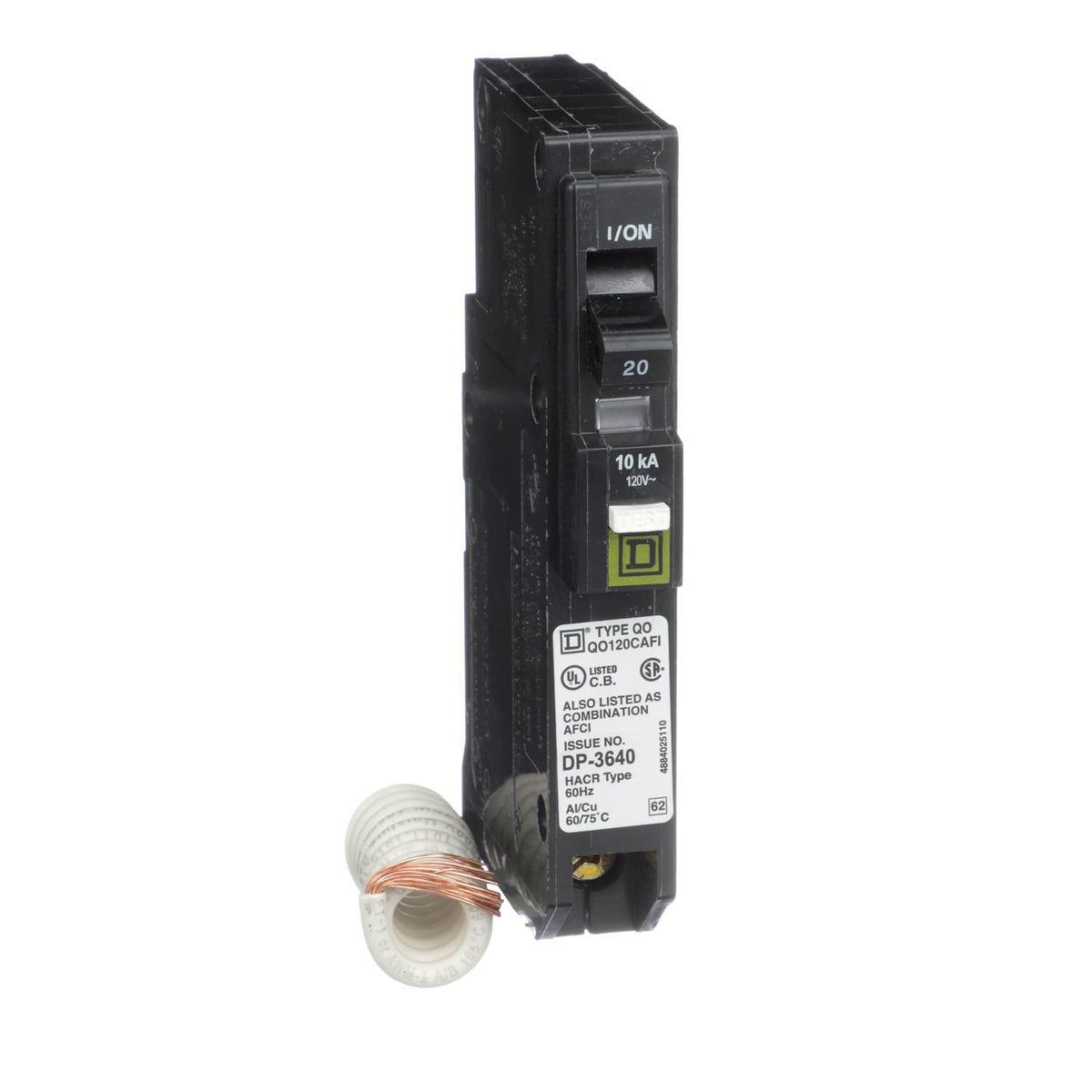 Square D QO120CAFI front view highlights compact plug-on design for quick panel upgrades.