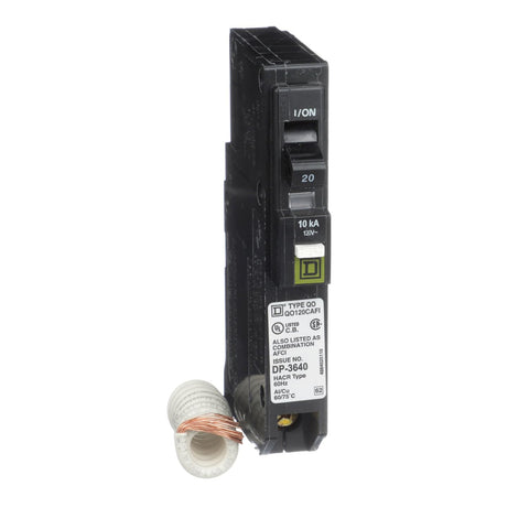 Square D QO120CAFI front view highlights compact plug-on design for quick panel upgrades.