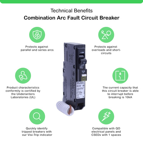 Square D QO120CAFI side connectors show secure screw clamp terminals for reliable wiring.