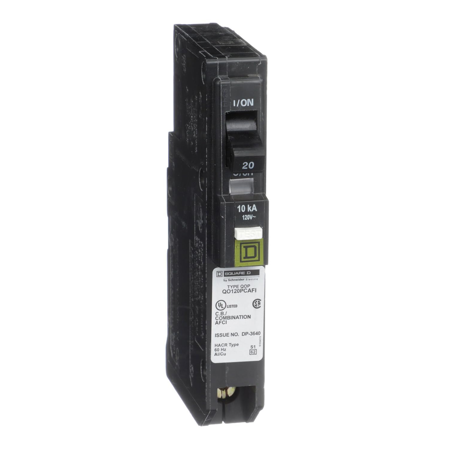 Square D QO120PCAFI front view highlighting compact design for quick installation.