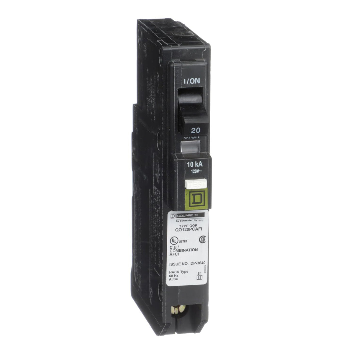 Square D QO120PCAFI front view highlighting compact design for quick installation.