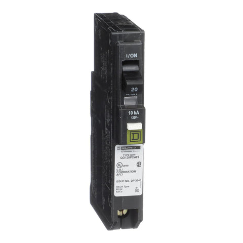 Square D QO120PCAFI front view highlighting compact design for quick installation.