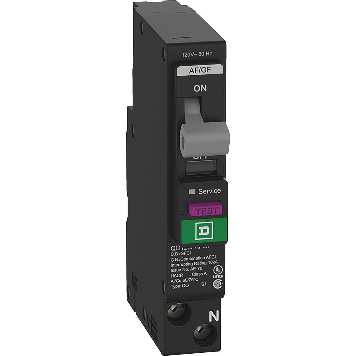 Schneider Electric Square D arc-fault breaker front view for enhanced home protection.