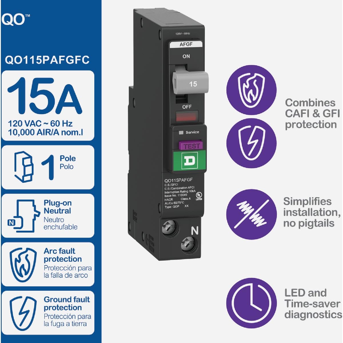 Schneider Electric Square D arc-fault breaker side view showing compact installation.