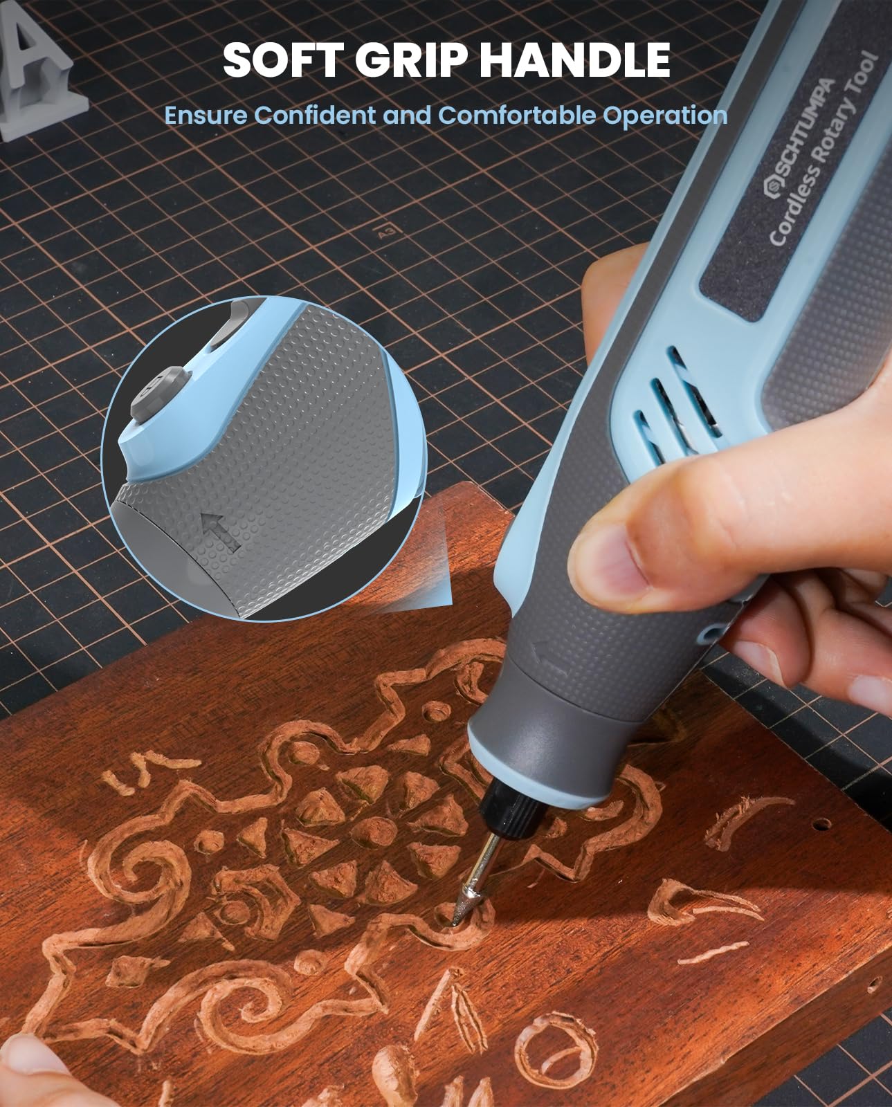SCHTUMPA 4V Pro ergonomic grip for comfortable control during long engraving