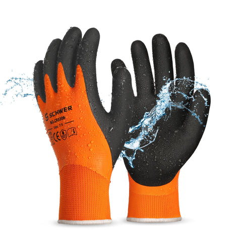 Schwer 2-pairs waterproof work gloves with double latex coating for dry hands in wet conditions.