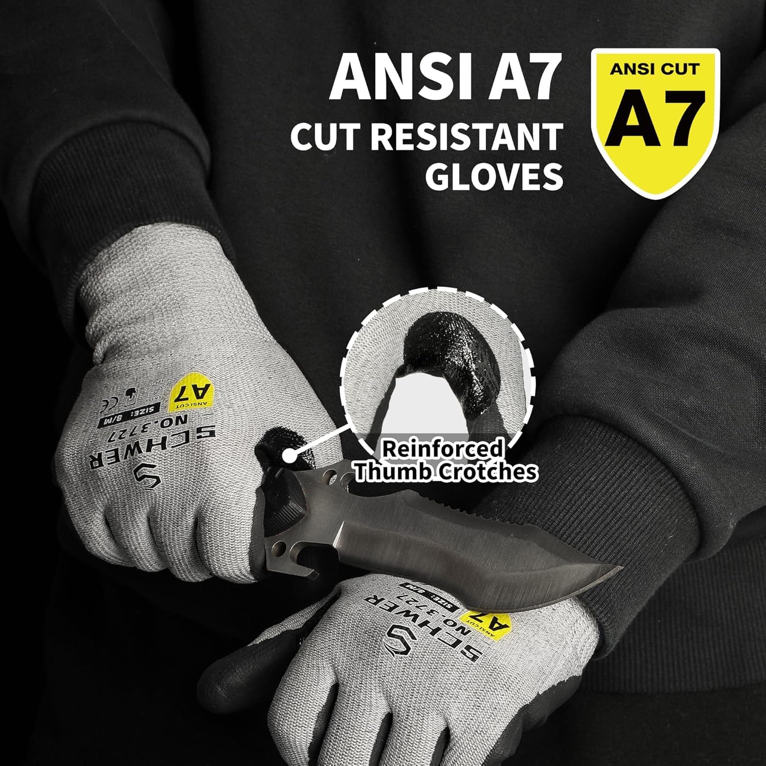 Schwer ANSI A7 cut resistance gloves offering strong blade protection and grip.