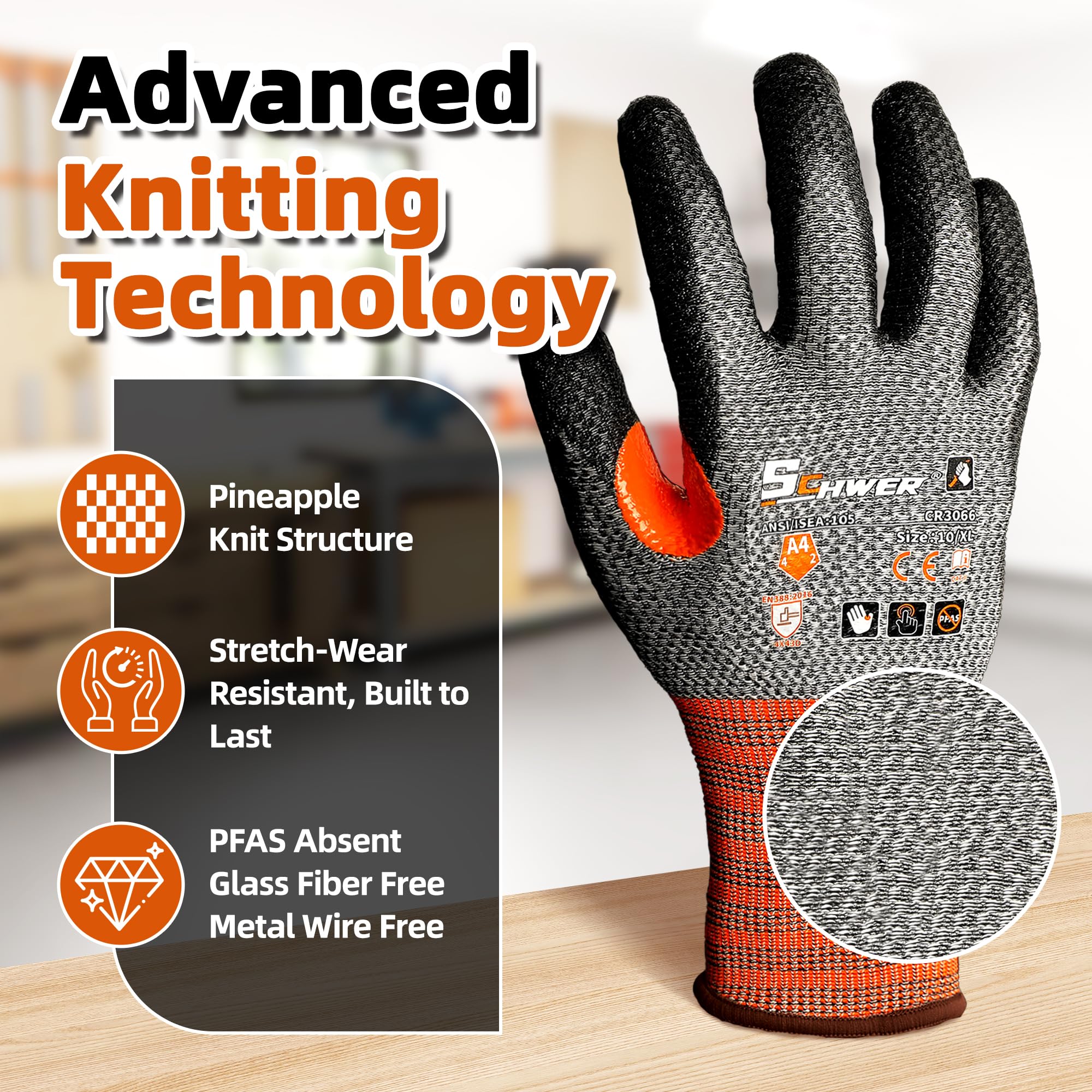 Schwer CR3066 gloves show a PU-coated palm delivering reliable dry grip.
