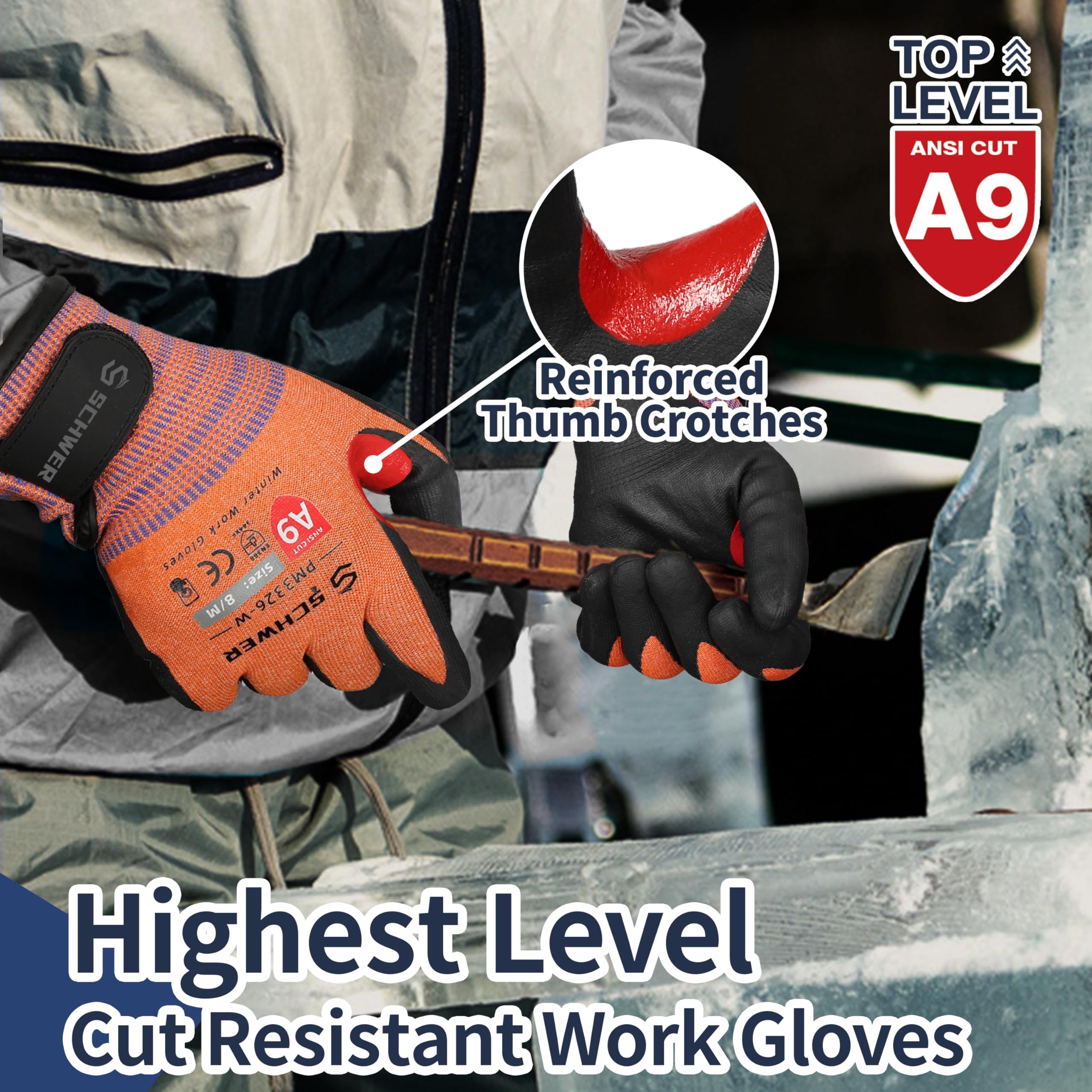 Schwer FreezeGuard-X thumb reinforcement detail for durability.