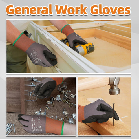 Schwer LT5626 construction site gloves in rugged outdoor work setting.