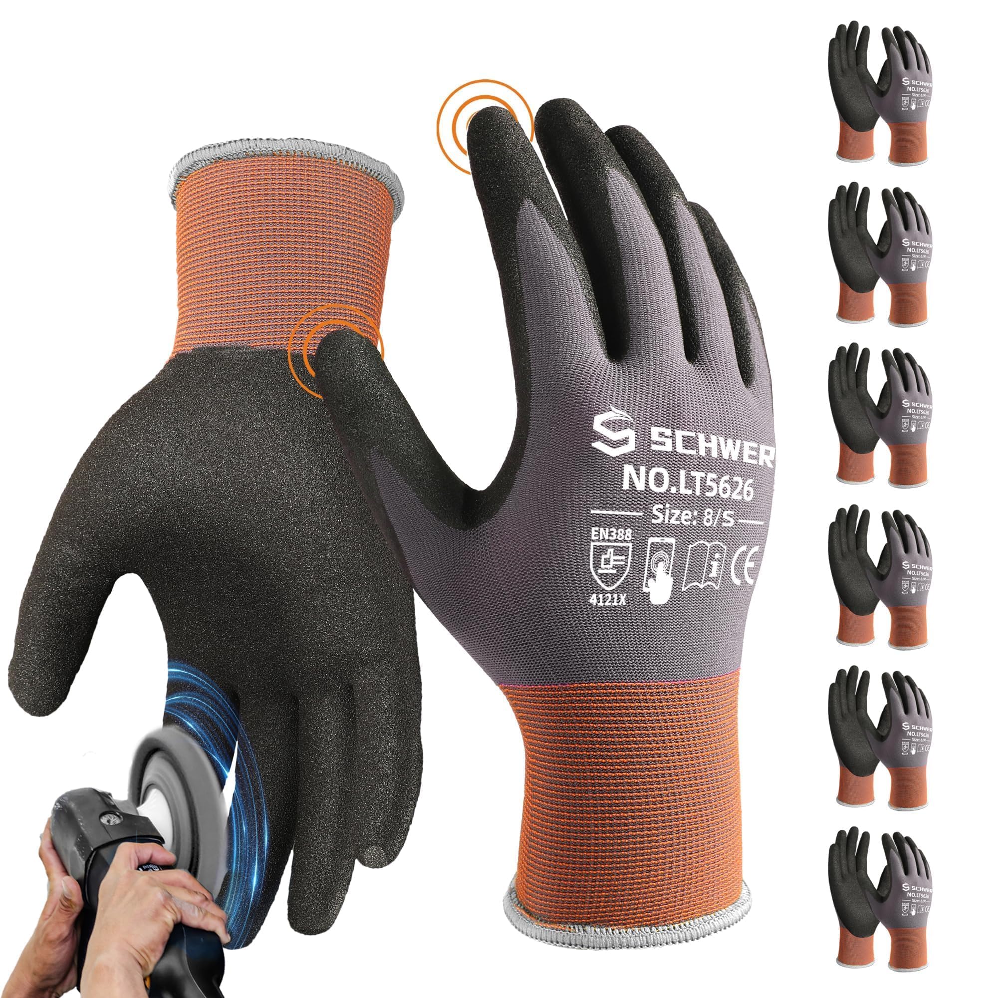 Schwer LT5626 front view, sandy-nitrile gloves showing durable abrasion resistance.