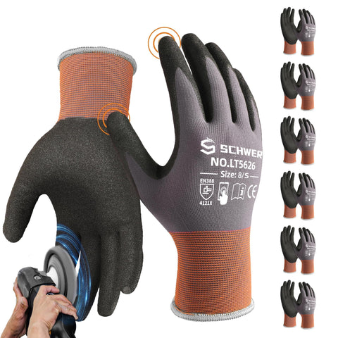 Schwer LT5626 front view, sandy-nitrile gloves showing durable abrasion resistance.