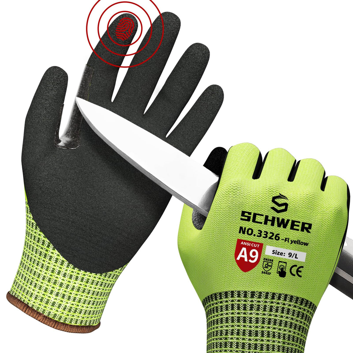 Schwer ProGuard gloves with cut-resistant shell and sandy nitrile palm for precise handling.